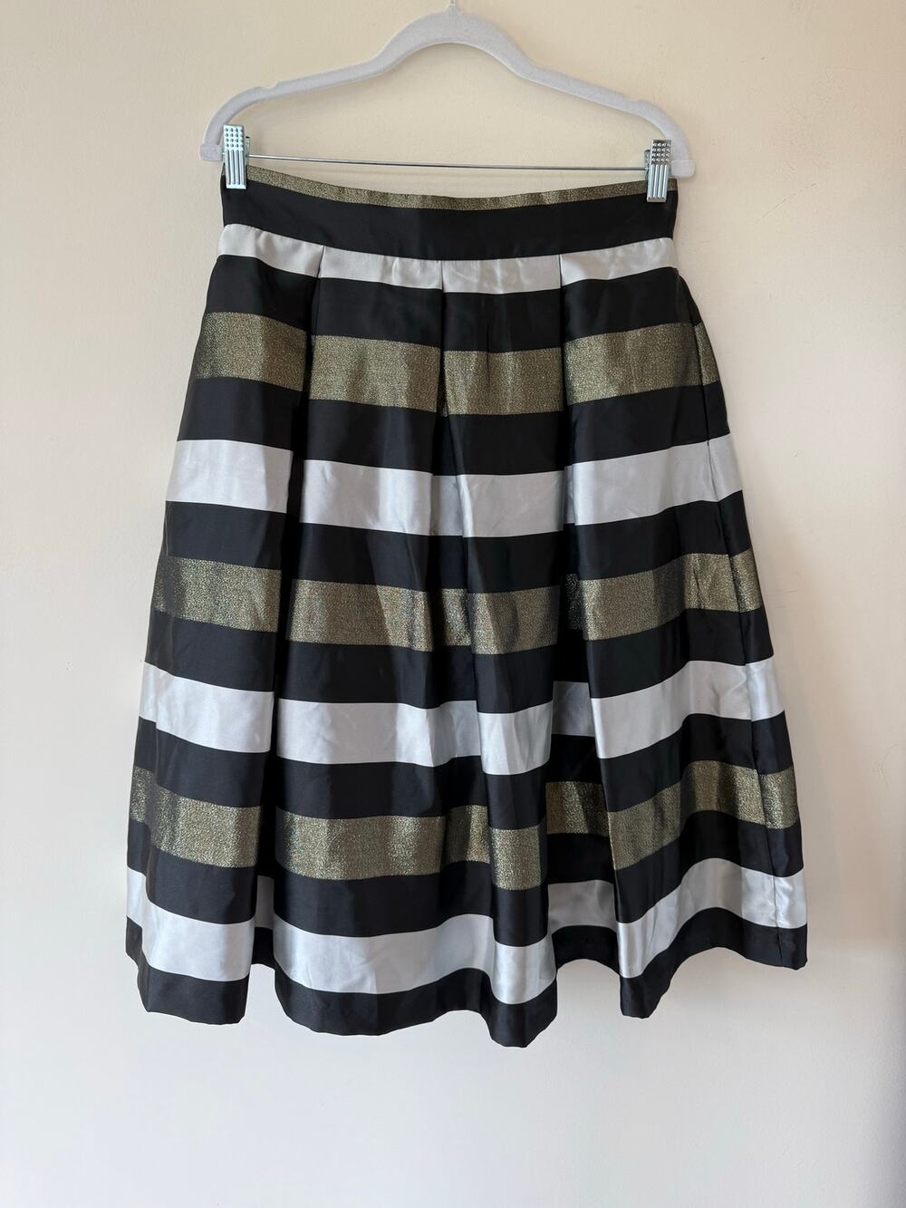 Ronni Nicole Metallic Striped Midi Skirt Size 12 Black, silver stripe Glam